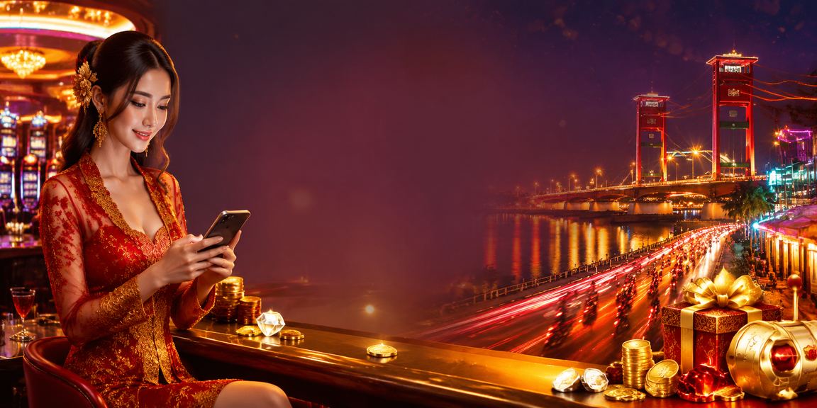 Suasana hiburan VIP dengan lampu neon berwarna-warni di lingkungan kasino mewah Asia Tenggara