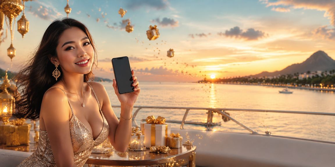 Pengguna muda mengakses platform hiburan olahraga melalui ponsel di tepi pantai yang cerah