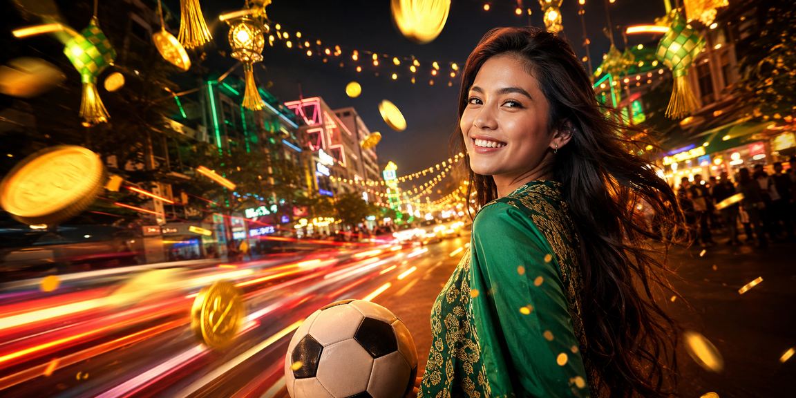 Layar besar menampilkan pertandingan sepak bola dengan lampu neon di arena taruhan